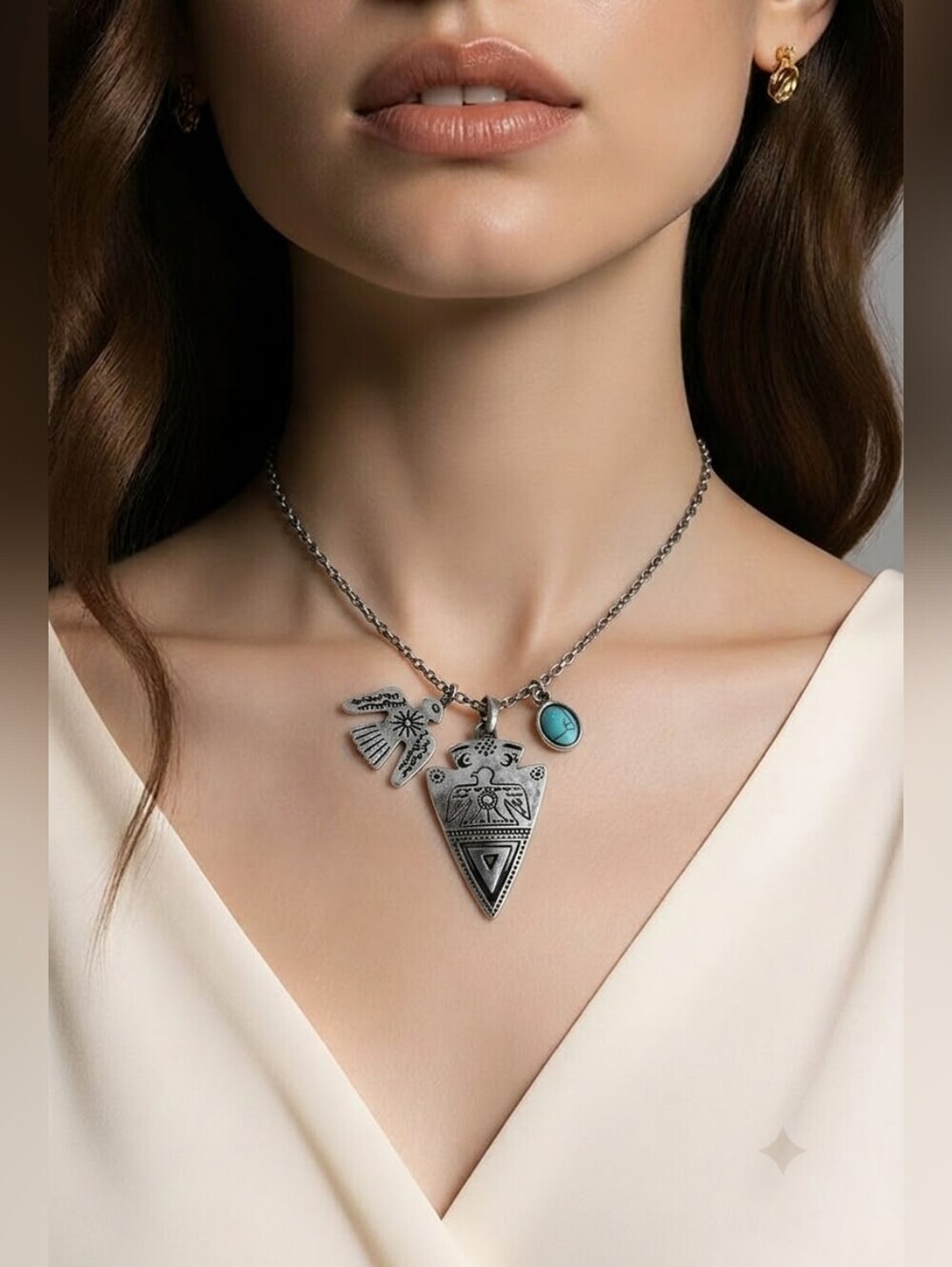 NWT Nadine West Silver Native Thunderbird Charm Necklace ~22"